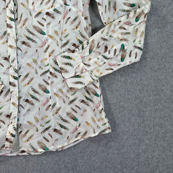Orvis Feather Print Button Down Shirt Women's 8 Cotton Wrinkle Resistant - Picture 2 of 7